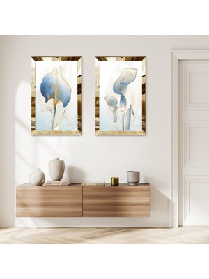 Gold Aynalı Pleksi Çerçeveli Mavi Soyut Çiçek Ikili Mdf Tablo Seti