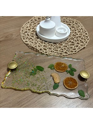 Portakal Narenciye & Elma Dilimli Dikdörtgen Epoksi Reçine Tepsi - Glitter Detaylı - 30 x 18 cm