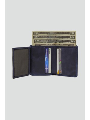 Deriza Dik Crazy Gerçek Deri Erkek Cüzdan Lacivert