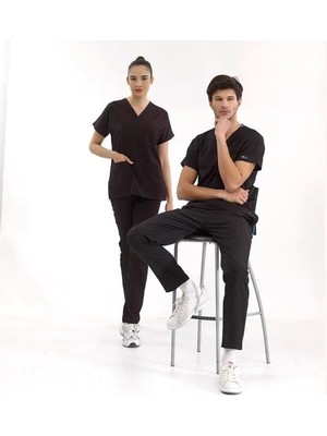 Çizgi Medikal Siyah Lüks Likralı Scrubs Greys Takım