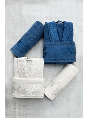 Fiesta Pamuklu Jakarlı Aile Bornoz Takımı Lacivert Krem %100 Pamuk Şal Yaka Standart Beden