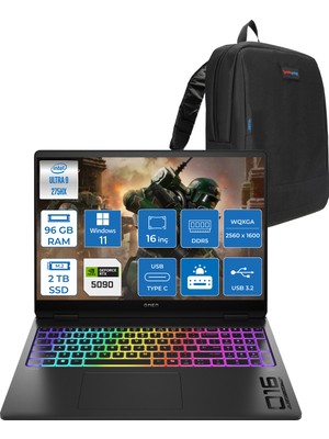 Hp Omen Max 16-AH0004NT Intel Core Ultra 9 275HX 96GB Ddr5 2tb SSD 24GB Nvıdıa RTX5090 16 Inç 500NITS 2k Wqxga 240Hz 3ms IPS Windows 11 Pro Siyah OB92QMEAP22 + Zetta Çanta