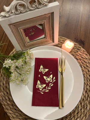 Kidspartim Gold Yaldızlı Bordo Kelebek Yaprak Detaylı Peçete 16 Adet