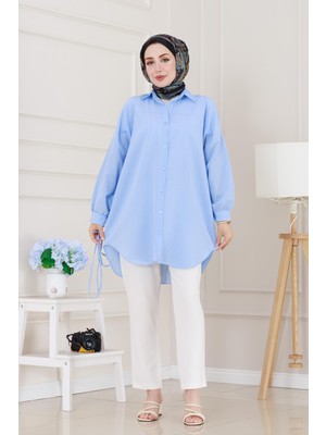 Önü Ekli Bol Kalıp Tunik-Bebe Mavi