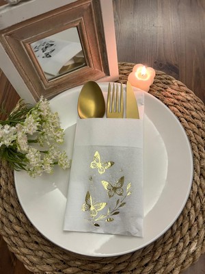 Kidspartim Gold Yaldızlı Beyaz Kelebek Yaprak Detaylı Cepli Kanguru Peçete 12 Adet