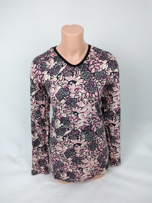 Kadın Siyah Bej Gülkurusu U Yaka Uzun Kollu Desenli Yırtmaçlı Dokuma Viskon Anne Penye Tişört