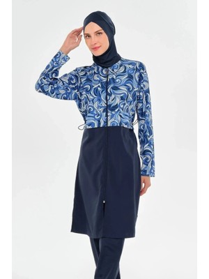 Rozamay 253502 Viola Lacivert  Tam Boy Lycralı Dijital Desen Tesettür Mayo