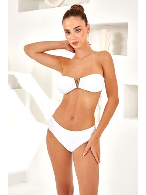 Kadın V Dekolteli Gold Aksesuarlı Straplez Bikini Takım | Beyaz 4257