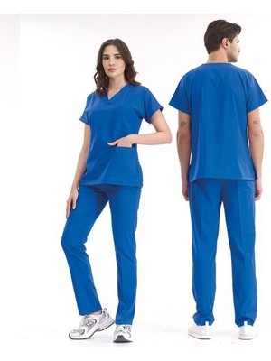 Çizgi Medikal Saks Mavi Lüks Likralı Scrubs Greys Takım