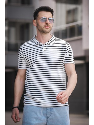 Ht 947008 Slim Fit Likralı Yarım Pat Çizgili Polo Yaka Erkek Tshirt