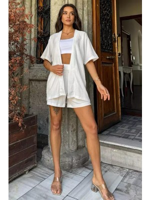 Kadın Beyaz Yazlık Kimono Takım