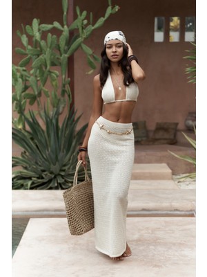 Pangestu Üçgen Bej Crop Etek Triko Takım