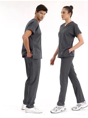 Çizgi Medikal Füme Lüks Likralı Scrubs Greys Takım