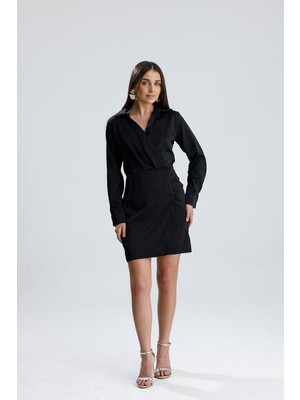 Kruvaze Yaka Önü Düğmeli Elbise Saten - Siyah