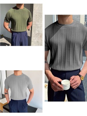 Cool Street Füme-Haki-Gri 3'lü Erkek Yuvarlak Yaka Örme T-Shirt
