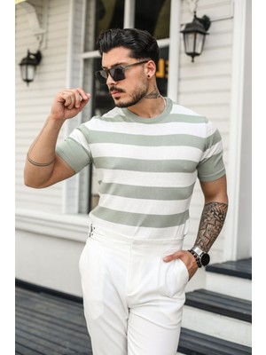 Cool Street Erkek Beyaz-Su Yeşili Normal Kalıp Triko T-Shirt