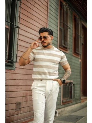 Cool Street Erkek Beyaz-Vizon Normal Kalıp Triko T-Shirt