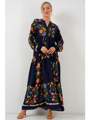 2423 Otantik Desenli Tesettür Elbise - Düz Lacivert