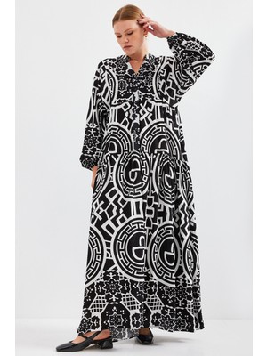 2423 Otantik Desenli Tesettür Elbise - Siyah5