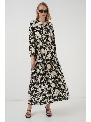 2423 Otantik Desenli Tesettür Elbise - Siyah - Beyaz1