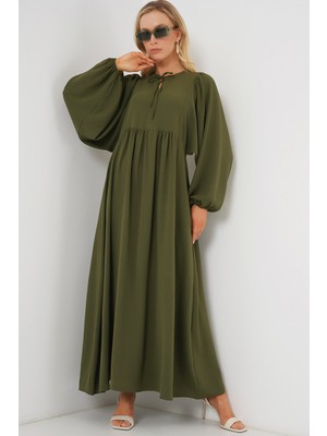 Kadın Balon Kol Uzun Tesettür Elbise 2464 - Haki