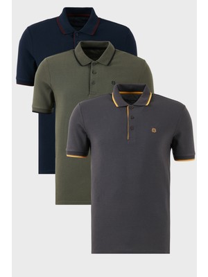 Buratti Pamuklu Slim Fit Şerit Detaylı Düğmeli Polo Yaka 3'lü Paket T Shirt Erkek T Shirt 5902118S3
