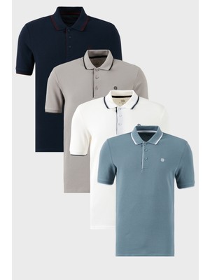 Buratti Pamuklu Slim Fit Şerit Detaylı Düğmeli Polo Yaka 4'lü Paket T Shirt Erkek T Shirt 5902118S4