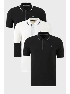 Buratti Pamuklu Slim Fit Şerit Detaylı Düğmeli Polo Yaka 3'lü Paket T Shirt Erkek T Shirt 5902118S3