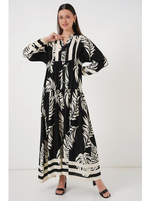 2423 Otantik Desenli Tesettür Elbise - Siyah 12