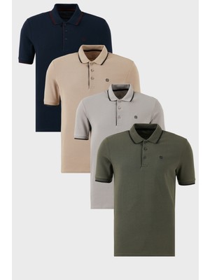 Buratti Pamuklu Slim Fit Şerit Detaylı Düğmeli Polo Yaka 4'lü Paket T Shirt Erkek T Shirt 5902118S4