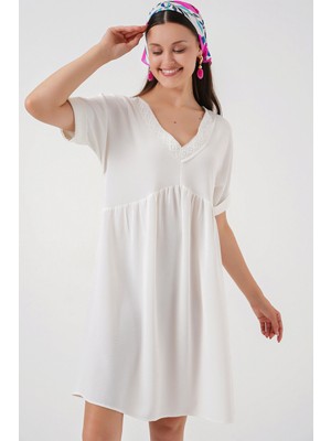 Kadın V Yaka Kısa Kol Elbise 2567 - Beyaz