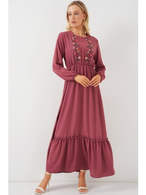 Kadın Nakışlı Uzun Tesettür Elbise 2550 - Gül Kurusu