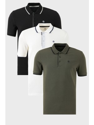 Buratti Pamuklu Slim Fit Şerit Detaylı Düğmeli Polo Yaka 3'lü Paket T Shirt Erkek T Shirt 5902118S3