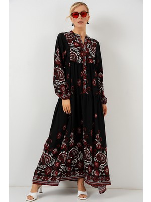 2423 Otantik Desenli Tesettür Elbise - Siyah - Bordo