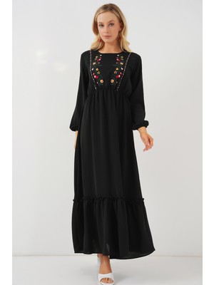 Kadın Nakışlı Uzun Tesettür Elbise 2550 - Siyah