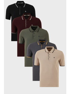 Buratti Pamuklu Slim Fit Şerit Detaylı Düğmeli Polo Yaka 5'li Paket T Shirt Erkek T Shirt 5902118S5