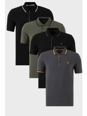 Buratti Pamuklu Slim Fit Şerit Detaylı Düğmeli Polo Yaka 4'lü Paket T Shirt Erkek T Shirt 5902118S4