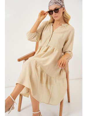 Kadın Düğmeli Kısa Kol Elbise 2559 - Krem
