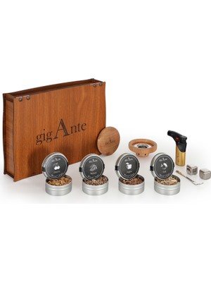 Gigante Viski & Kokteyl Tütsüleme Seti – 4 Farklı Aromalandırma Talaşı , Jet Çakmak, Çelik Buz, Ahşap Kutu