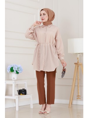Önü Ekli Bol Kalıp Tunik-Bej