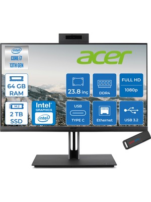 Acer Veriton 4000 VZ4714GT Intel Core I7 13700 64GB Ram 2tb SSD Freedos UHD Graphics 23.8" Yükseklik Ayarı, Pivot, Vesa Desteği Fullhd All In One Bilgisayar DQR03EM00GF34 + Zetta Flash Bellek