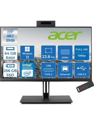 Acer Veriton 4000 VZ4714GT Intel Core I7 13700 64GB Ram 256GB SSD Windows 11 Home UHD Graphics 23.8" Yükseklik Ayarı, Pivot, Vesa Desteği Fullhd All In One Bilgisayar DQR03EM00GH31 + Zetta Flash Bellek