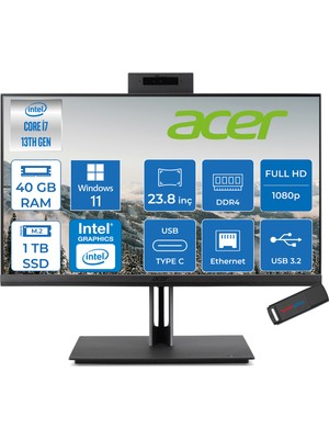 Acer Veriton 4000 VZ4714GT Intel Core I7 13700 40GB Ram 1tb SSD Windows 11 Pro UHD Graphics 23.8" Yükseklik Ayarı, Pivot, Vesa Desteği Fullhd All In One Bilgisayar DQR03EM00GP23 + Zetta Flash Bellek