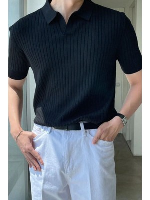 Cool Street Erkek Çizgi Detaylı Slim Fit Bisiklet Yaka Triko T-Shirt