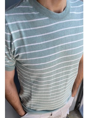 Cool Street Erkek Su Yeşili Kısa Kollu Fitilli Akrilik-Pamuk Karışımlı Triko T-Shirt