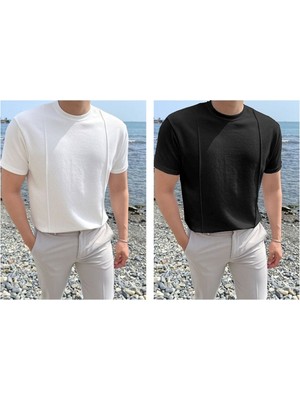 Cool Street Beyaz-Siyah Erkek Yuvarlak Yaka 2 Çizgili Örme Triko