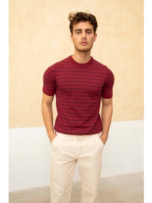 Cool Street Erkek Bordo Kısa Kollu Fitilli Akrilik-Pamuk Karışımlı Triko T-Shirt