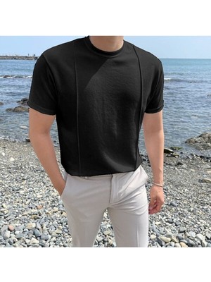 Cool Street Siyah Erkek Yuvarlak Yaka 2 Çizgili Örme Triko T-Shirt