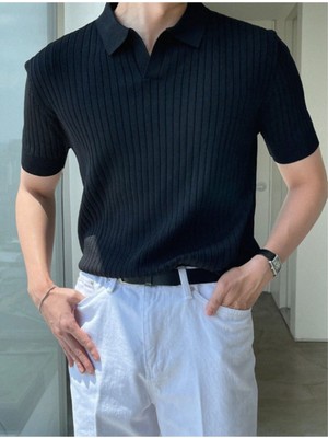 Cool Street Siyah Erkek Fitilli Polo Yaka Triko T-Shirt