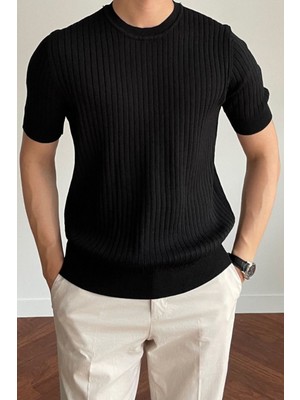 Cool Street Erkek Siyah Fitilli Slim Fit Bisiklet Yaka Triko T-Shirt